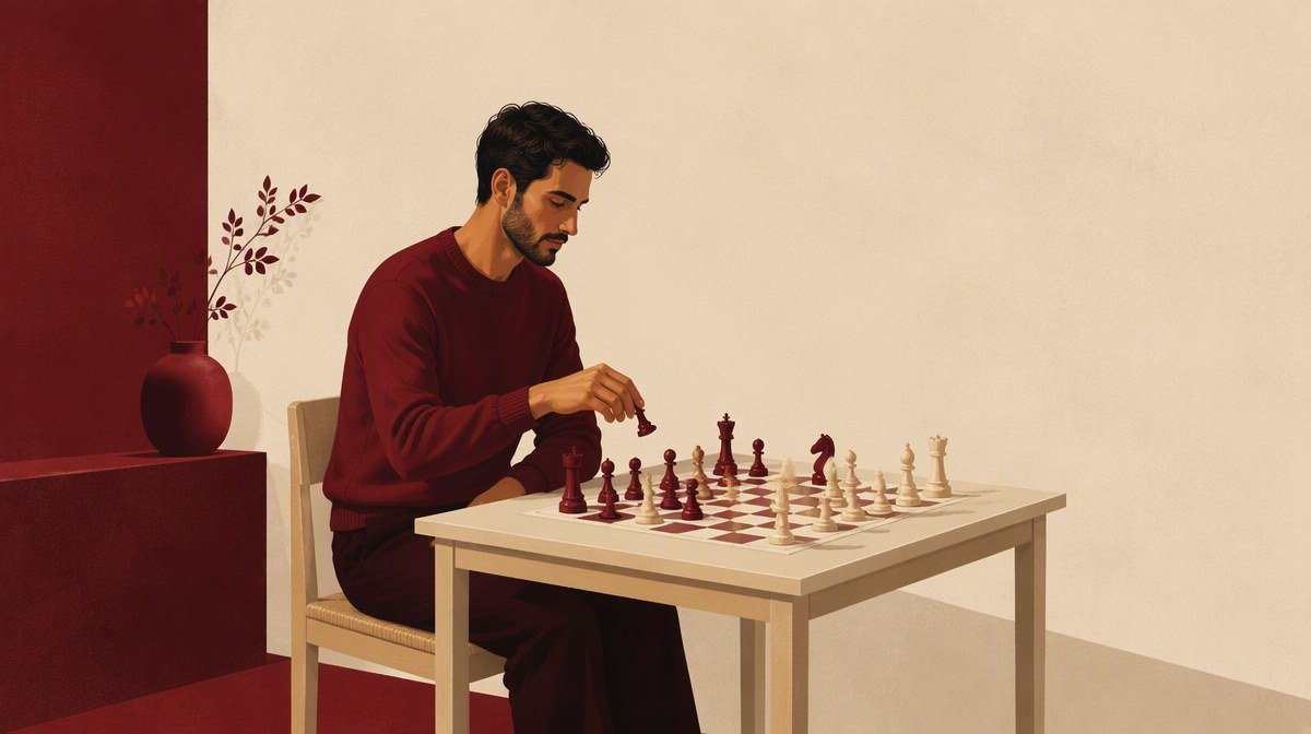 A man seated at a chessboard, hand hovering over a piece mid-decision