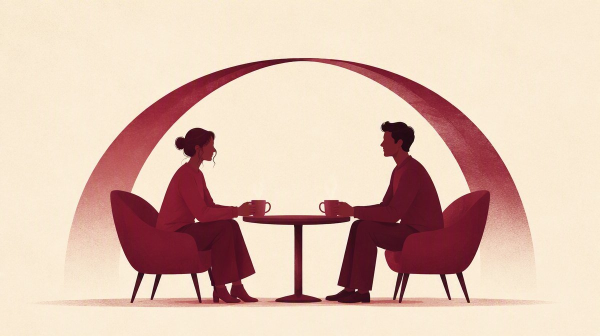 Two people sharing coffee, a maroon bridge arc connecting them