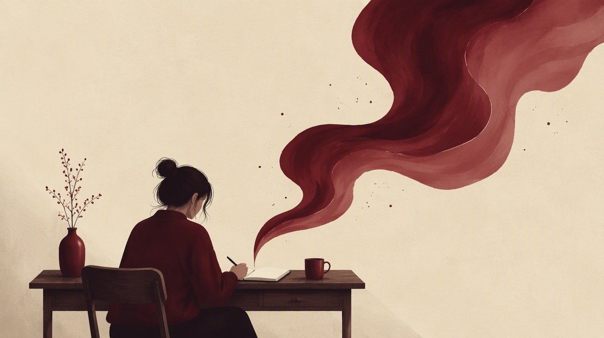 A woman writing, a ribbon of maroon ink rising from the page