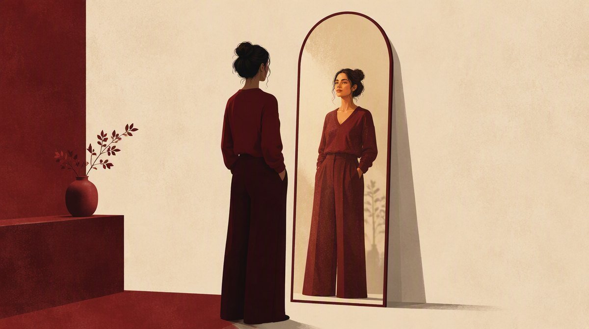 A woman looking into a tall mirror — the self-perception skill