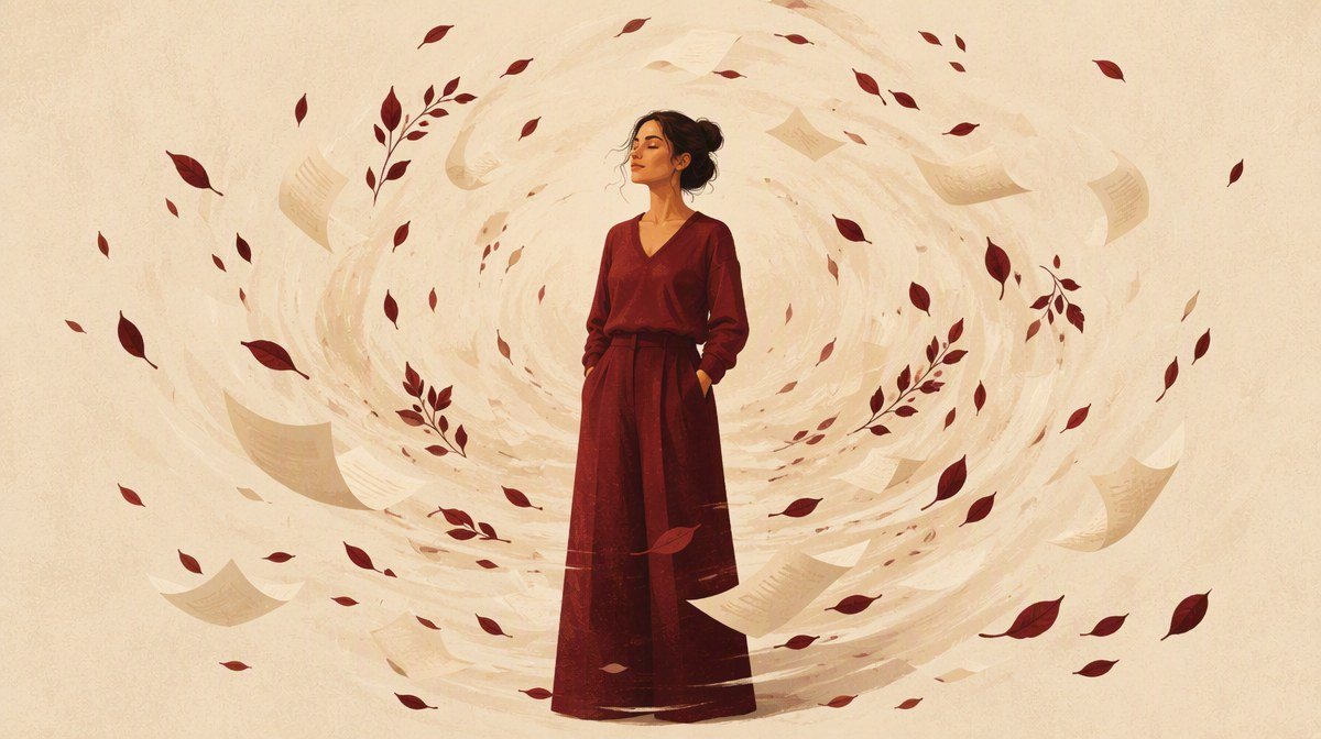 A woman standing calm while a spiral of leaves and papers swirls around her